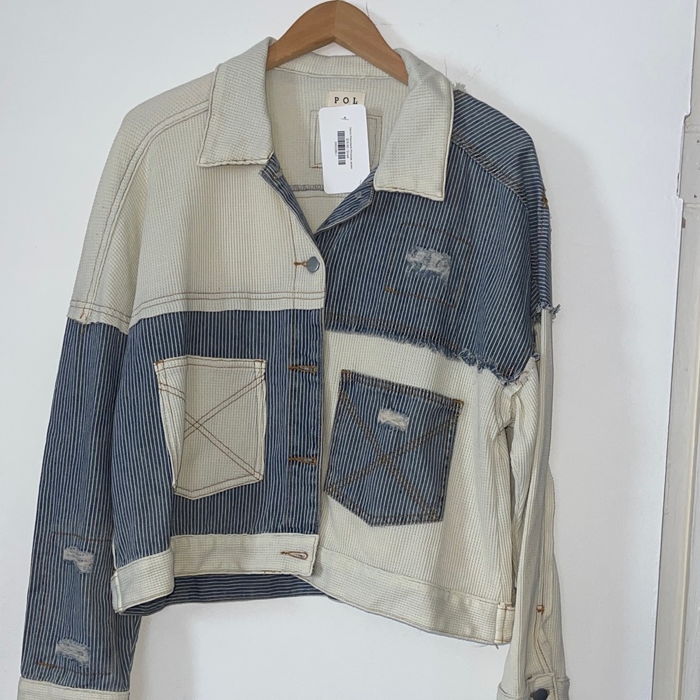 POL Ivory Multi Pinstripe Oversized Distressed Patchwork Jacket small NWT - Picture 1 of 7
